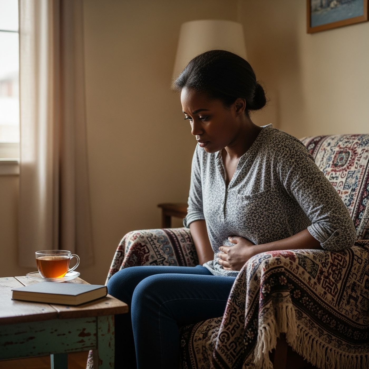 Woman sitting at home holding her lower abdomen in discomfort, next to a cup of tea, reflecting pelvic pain and fatigue linked to uterine fibroids.