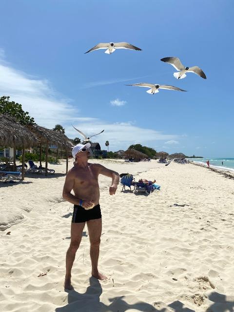Bob Berezowski laughing on a sunny beach as seagulls swoop around him, capturing the playful, adventurous spirit he brings to life and retirement travel