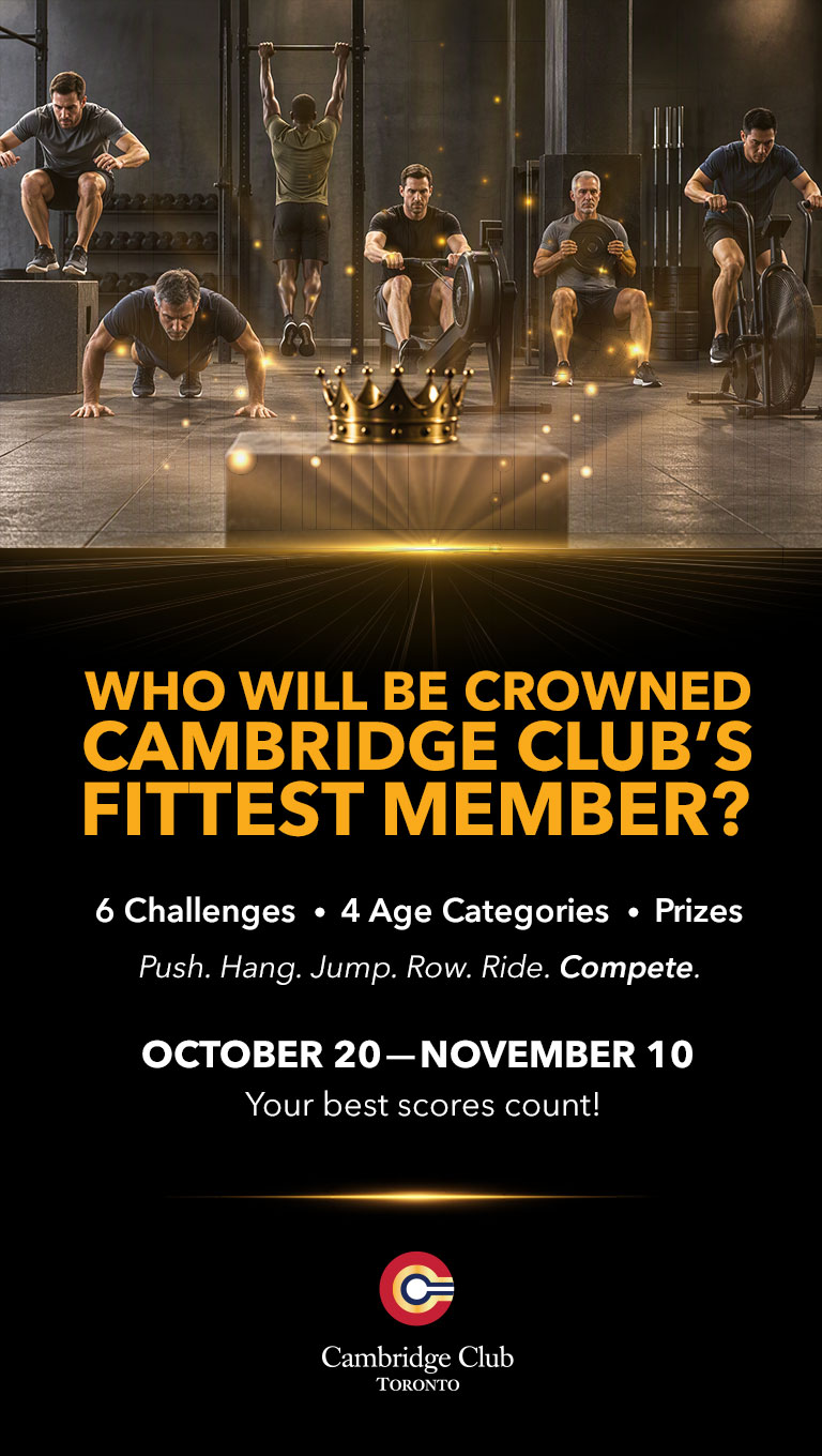 Promotional graphic for the Cambridge Club's Fittest Member Challenge. Athletes perform fitness movements including box jumps, push-ups, rowing, weighted squats, and air bike intervals around a crown symbol. Text reads: "Who will be crowned Cambridge Club's Fittest Member?" featuring 6 challenges, 4 age categories, prizes, and competition dates of October 20 to November 10.
