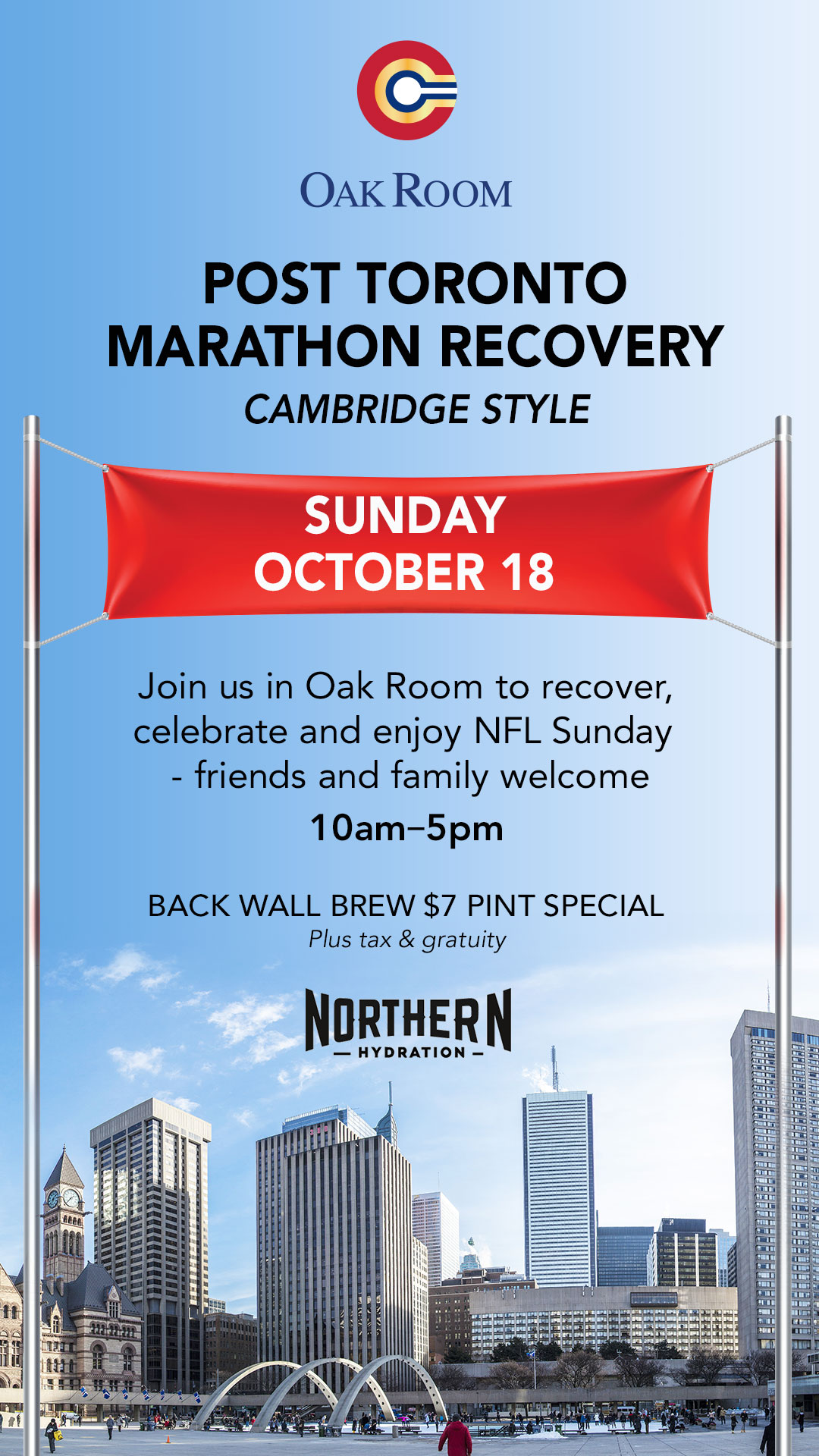 Promotional graphic for an Oak Room post-marathon recovery event featuring downtown Toronto skyline imagery and an invitation to celebrate after the Toronto Waterfront Marathon.