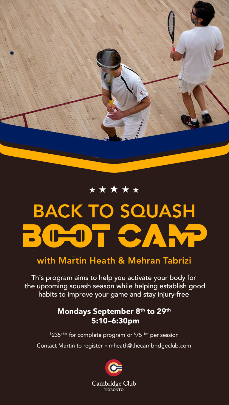 Back to Squash Boot Camp with Martin Heath & Mehran Tabrizi - Mondays, September 8-29