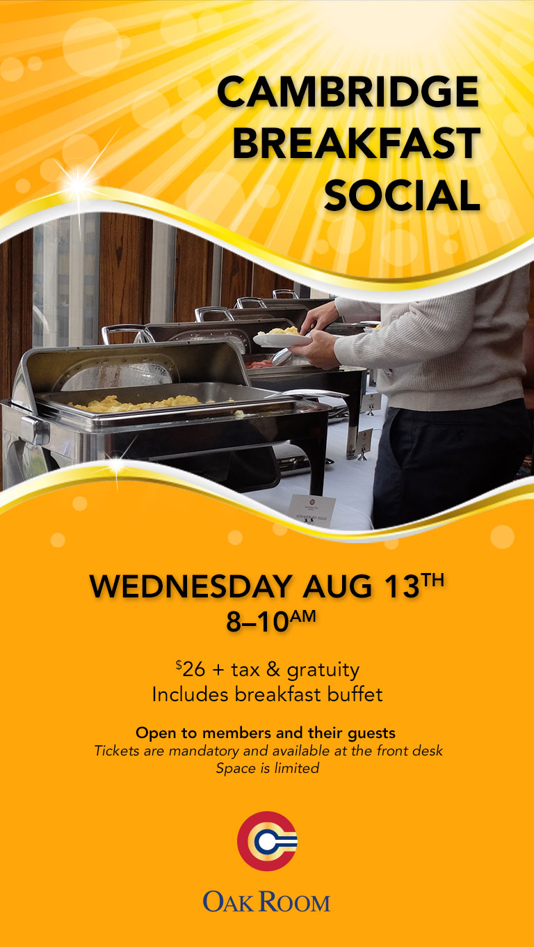 Breakfast Social in the Oak Room - Wednesday, August 13th, 8-10am